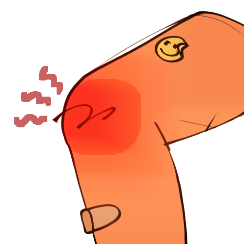 An orange portion of a knee, with a red patch over the knee itself and red pain lines radiating from it. on the lower part of the leg is a bandaid and on the upper is a smiley face sticker
